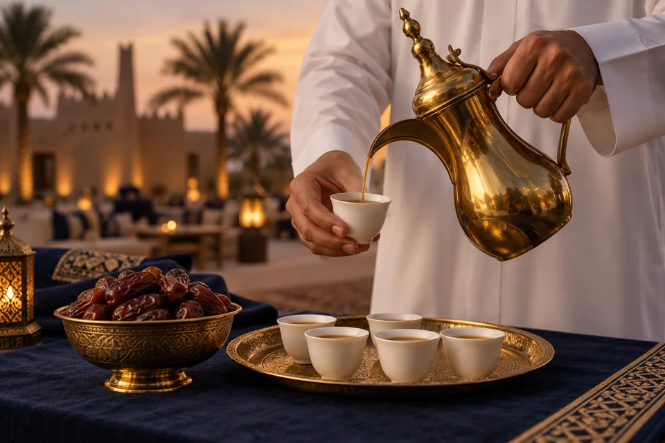 صورة توضيحية لضيافة القهوة العربية والتمر